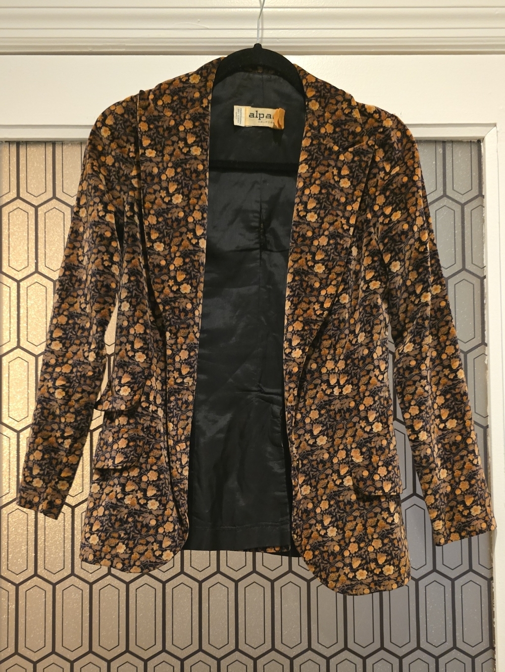 Alpaq Vintage Black Velvet Blazer with Brown Floral Pattern